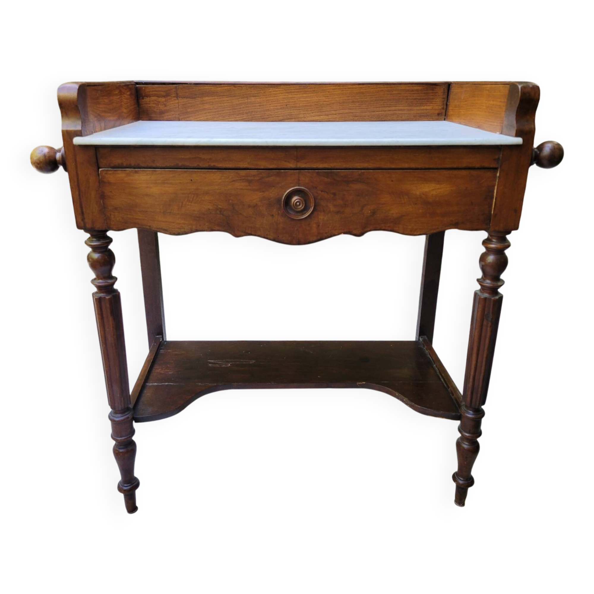 Antique walnut and Carrara white marble dressing table.
