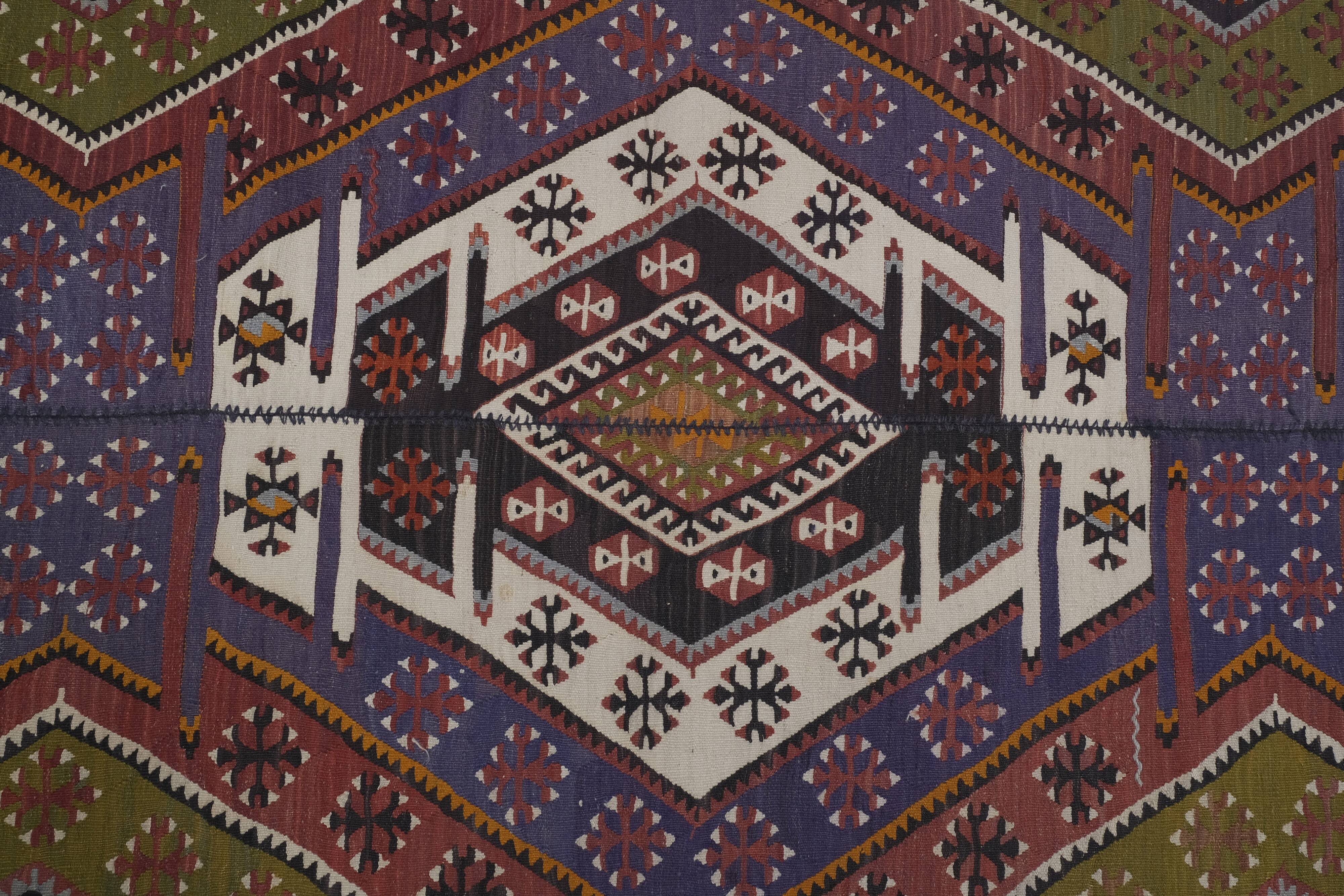 Ancient Turkish Anatolian Tribal Kilim, Geometric Organic Wool Kilim Rug