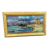 Oil painting Livorno 1975 port boats magnificent