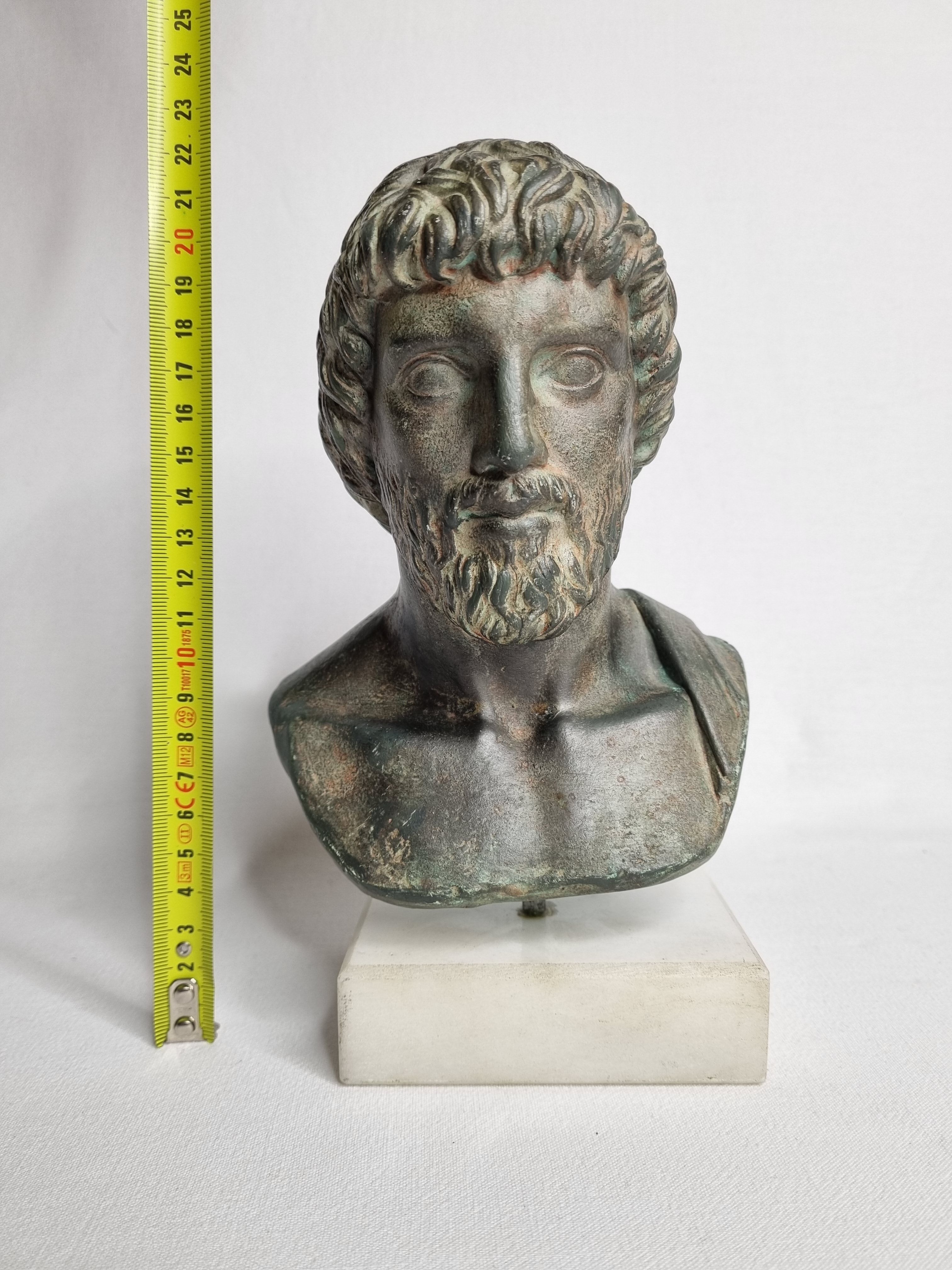 Bust of Esculape in patinated plaster on marble base, 21 cm