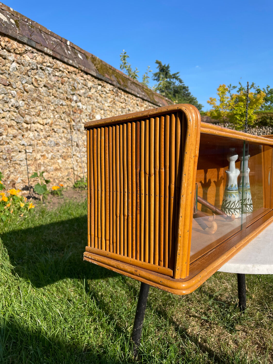 Vintage wall display case 1950 oak and wicker