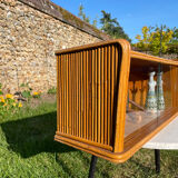 Vintage wall display case 1950 oak and wicker