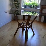 Table ronde rotin et verre