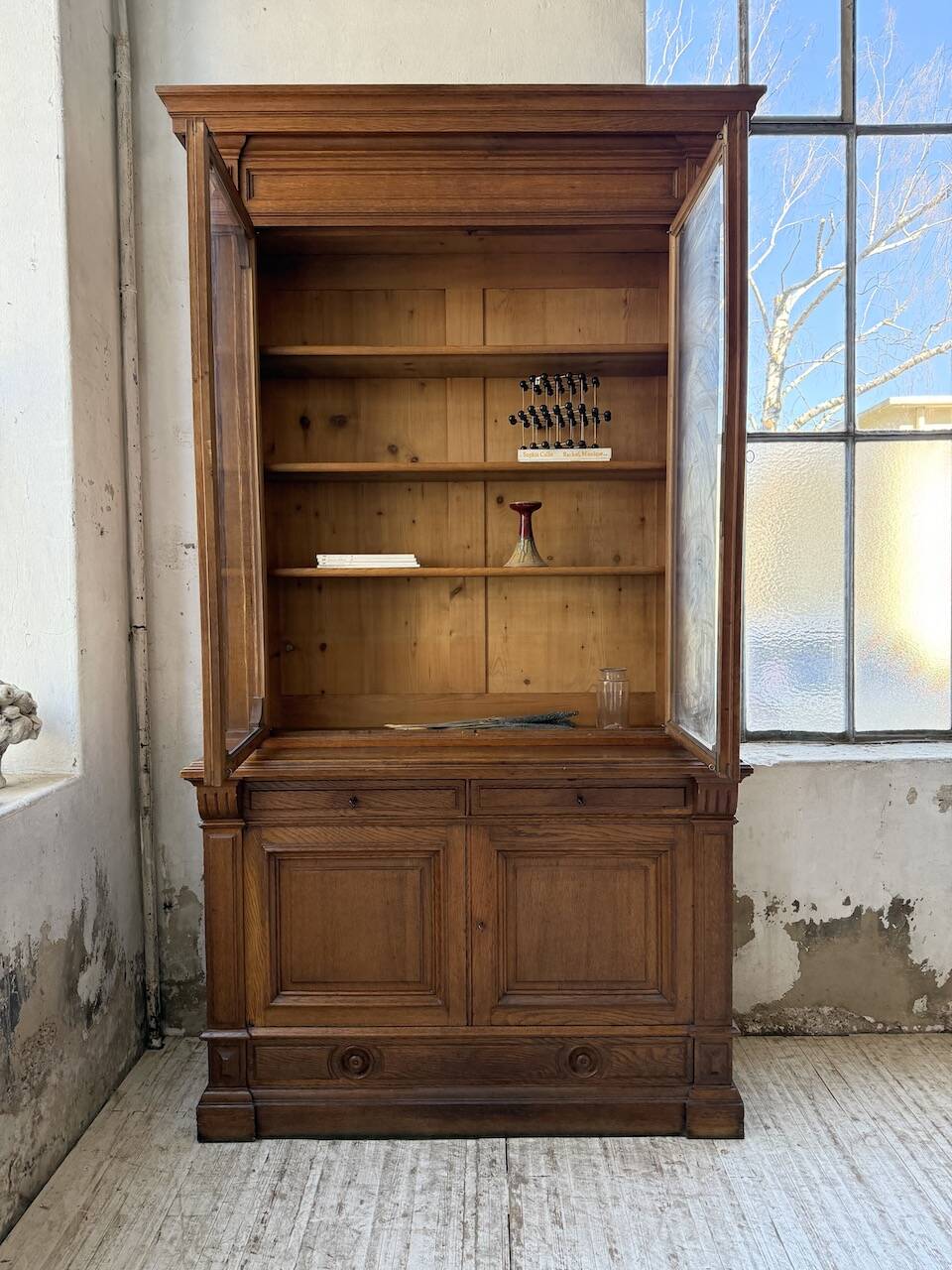 Antique XL Napoleonic oak glass bookcase, 19th century