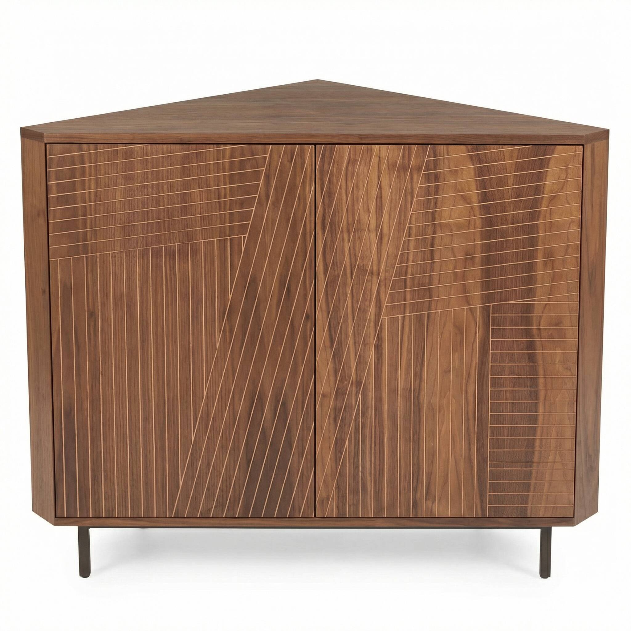 Corner console in walnut, 2-door sideboard, corner cabinet, line pattern.