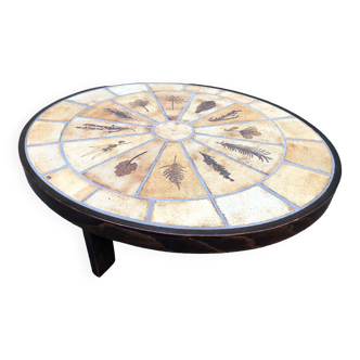 Vintage Roger Capron oval coffee table in ceramic, herbarium model with beech base.
