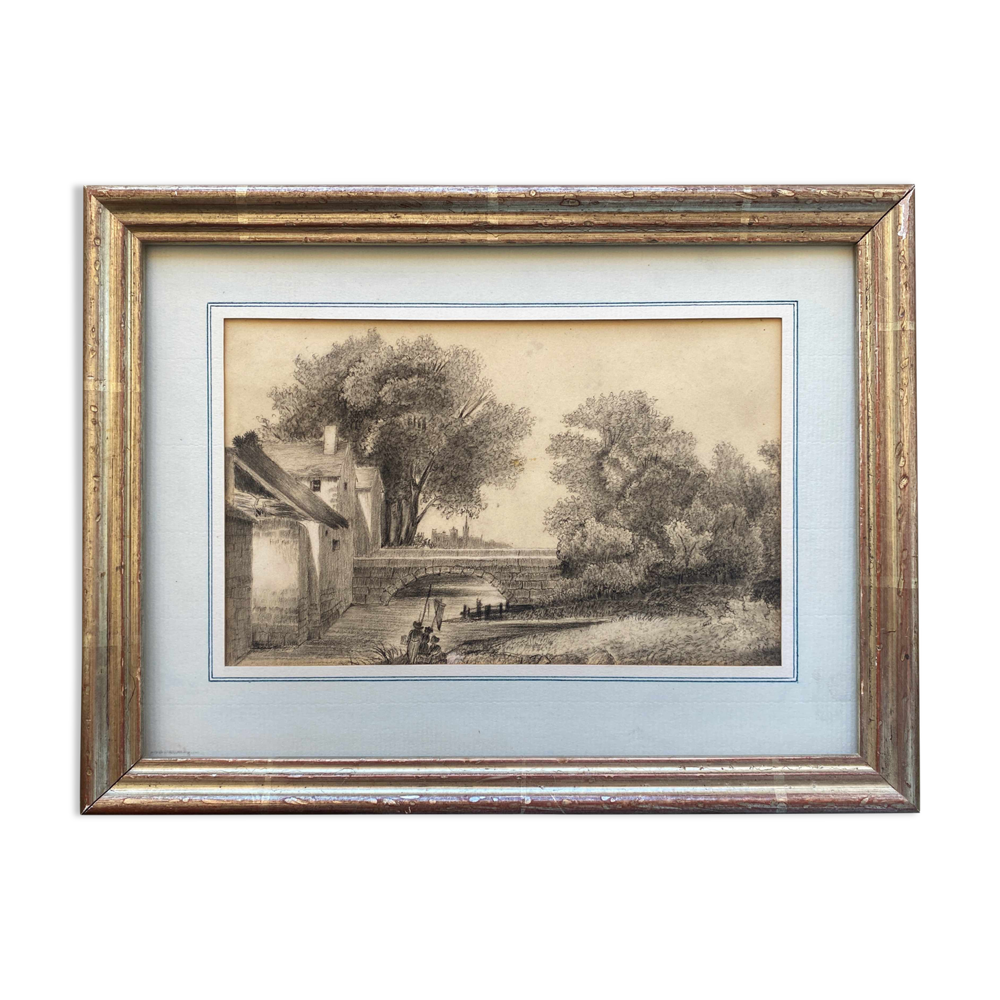 Painting drawing XIX ° Dijon St Benigne fisherman l'Ouche and frame