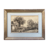 Painting drawing XIX ° Dijon St Benigne fisherman l'Ouche and frame