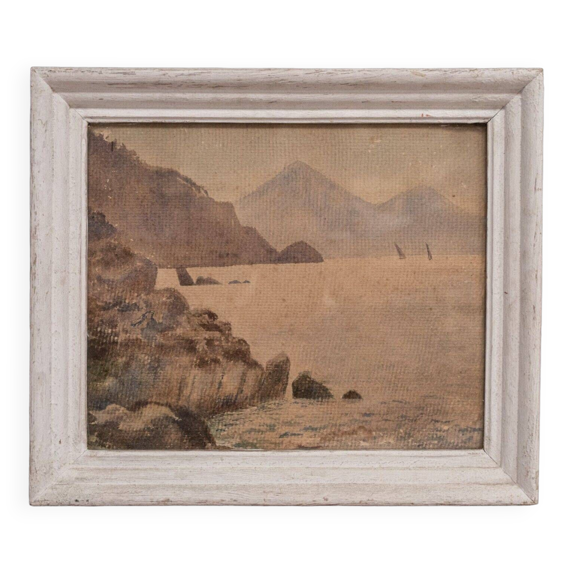Watercolor on seaside paper rocky coast early 20th century limed frame