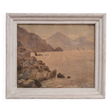 Watercolor on seaside paper rocky coast early 20th century limed frame