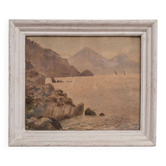 Watercolor on seaside paper rocky coast early 20th century limed frame