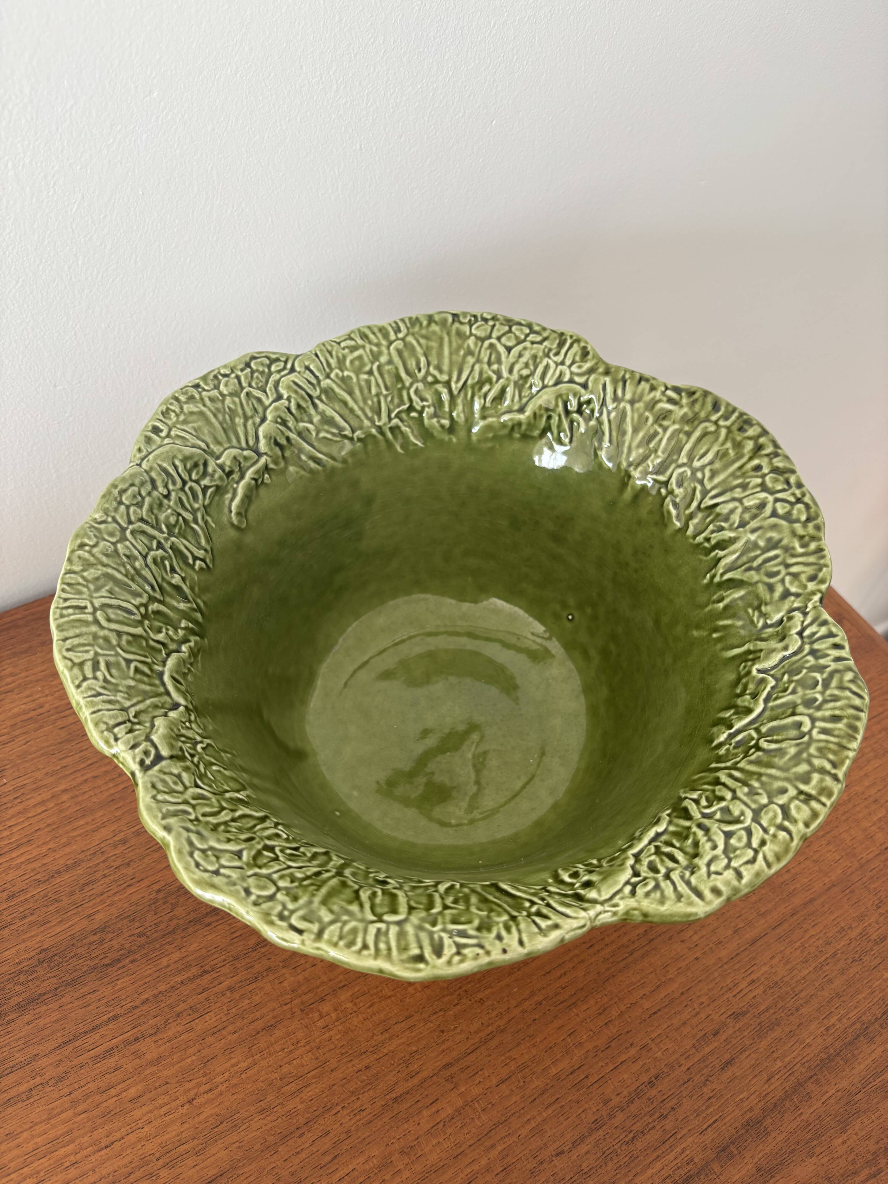 Saladier vintage barbotine forme chou vert – grand saladier original m