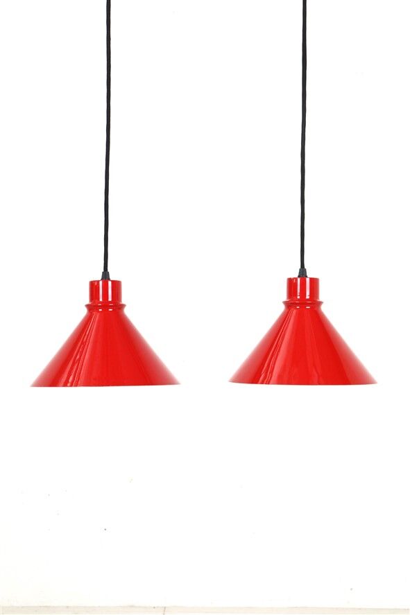 Set of 2 Nordisk Solar Compagni “Super Space” pendant lights, red, small version, Danish modern design, 1970s