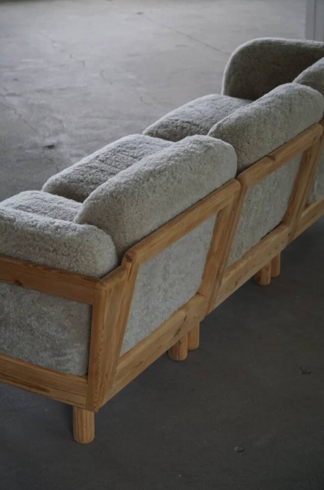 Danish Three Seater Sofa in Pine and Lambswool, Scandinavian Modern Sofa, 1