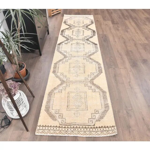 Vintage Beige Turkish Hand-Knotted Runner 83X348