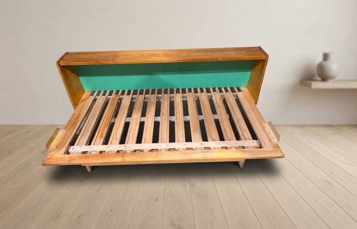 Mid-century wooden folding sofa bed frame, extendable daybed, Czechoslovakia, 190 × 151 × 77 cm