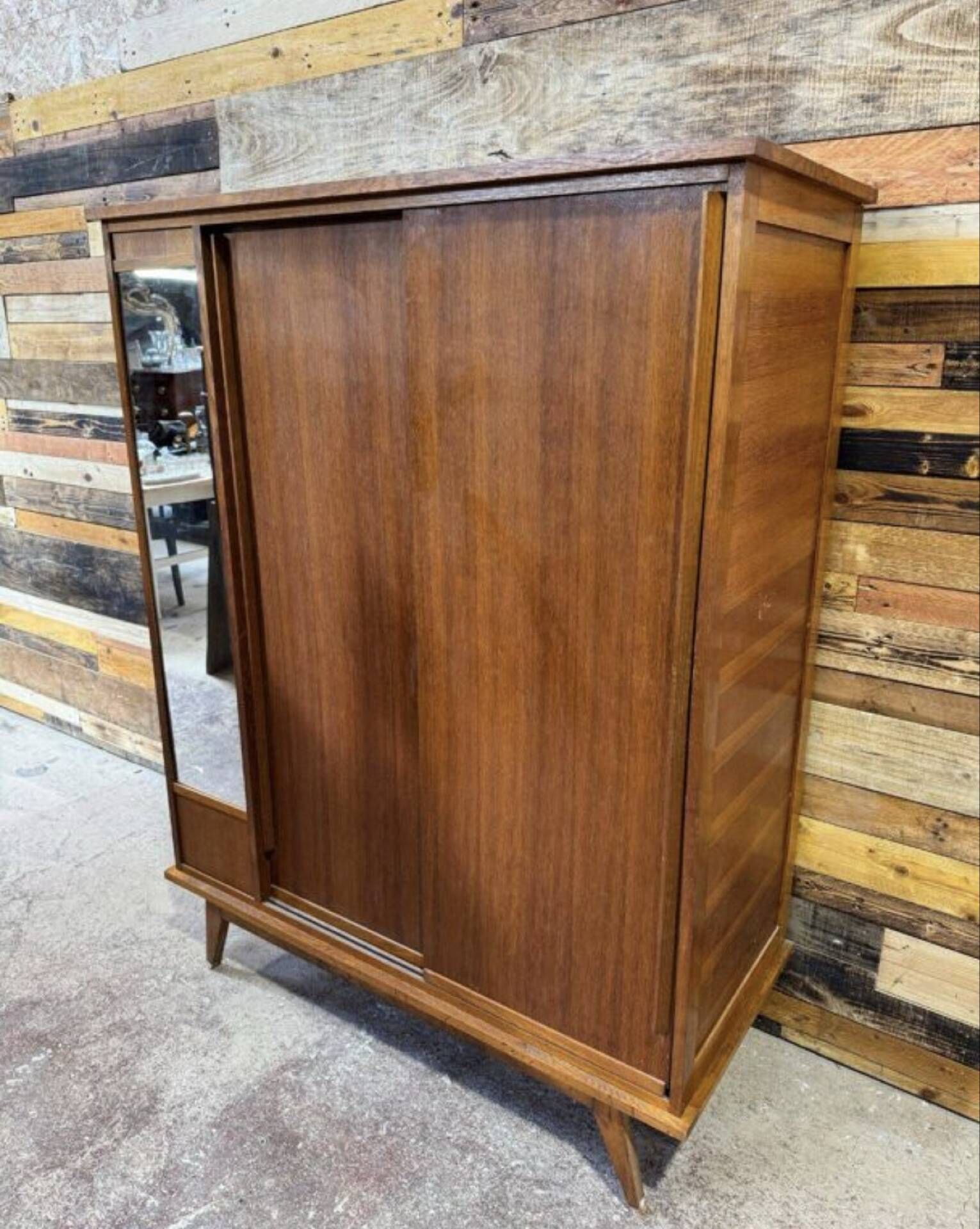 Vintage sliding door wardrobe with mirror - 1970s