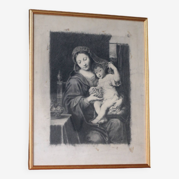 Fusain encadré signé BESSON, 1914. Reproduction de la Vierge à la grappe de Pierre MIGNARD (17e).