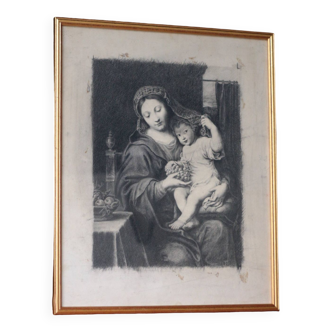 Framed charcoal signed BESSON, 1914. Reproduction of the Virgin with the Grape Cluster by Pierre MIGNARD (17th).