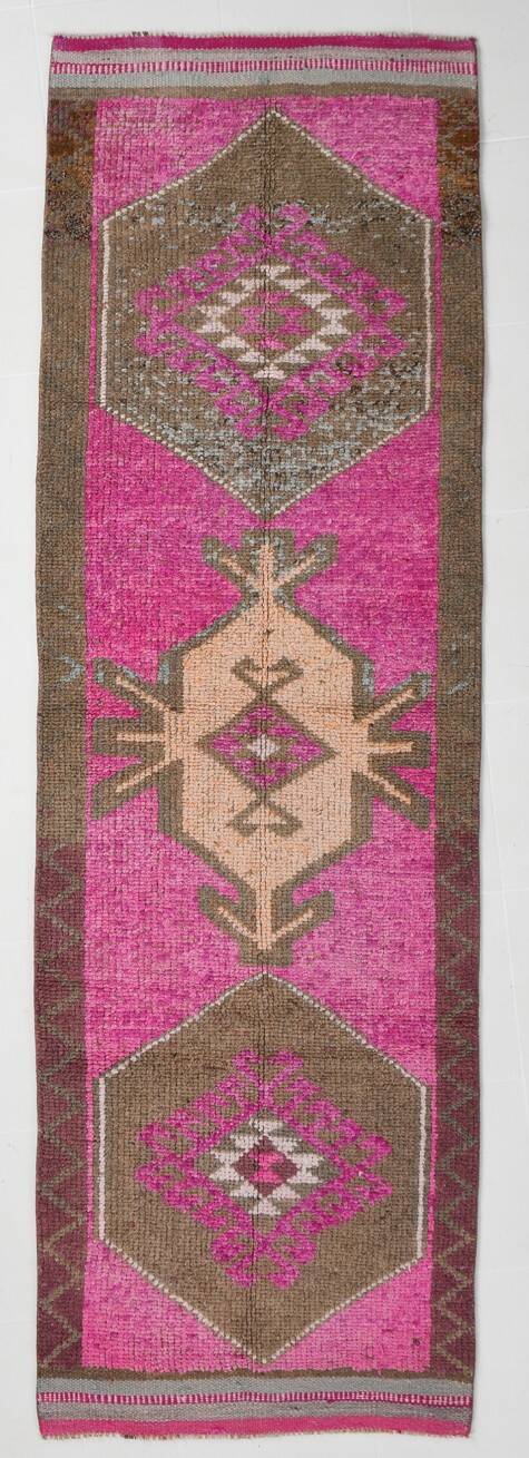 Pink Brown Vintage Runner Rug 94x299Cm