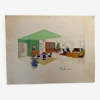 Dessin aquarelle projet de décoration intérieure 1960 J. Prod'homme