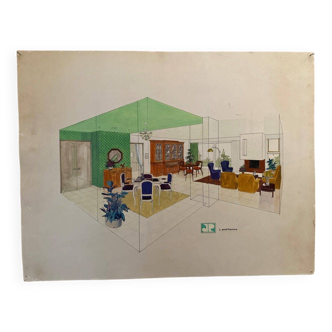 Dessin aquarelle projet de décoration intérieure 1960 J. Prod'homme