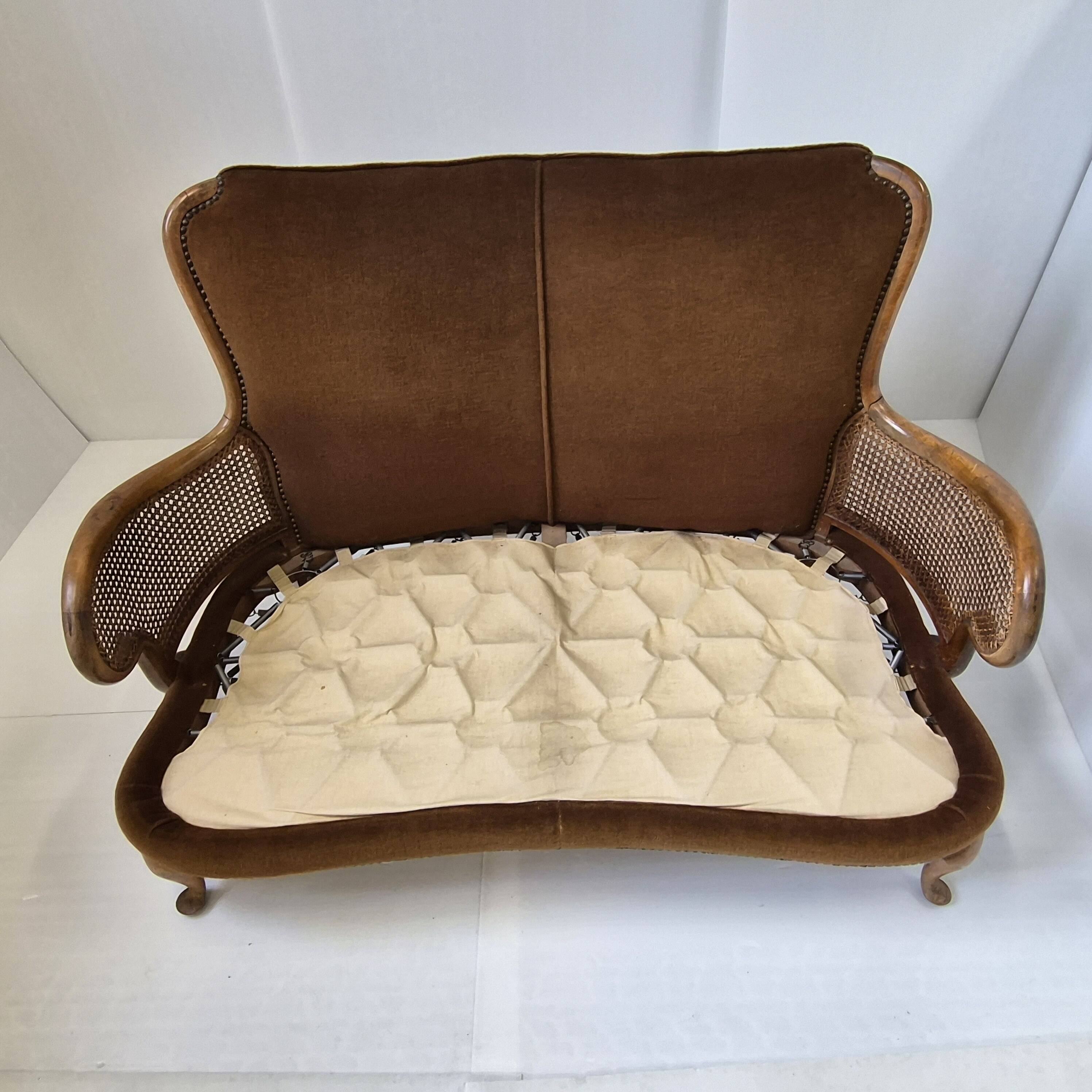 1950s vintage canapé in caning and velvet