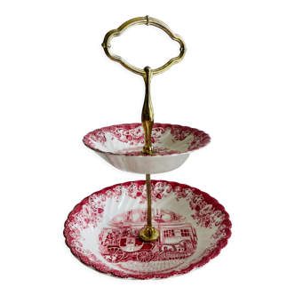 2-tier server in pink English porcelain, stamped on the back with the “coaching scenes, made in england by johnson bros” logo