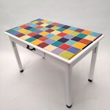 Vintage table rectangular multicolored tiles and white base