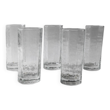 Lot of 5 drinking glasses from the 1970s, octagonal structured glass by Luminarc, timeless design for water or long drinks, elegant gift idea.