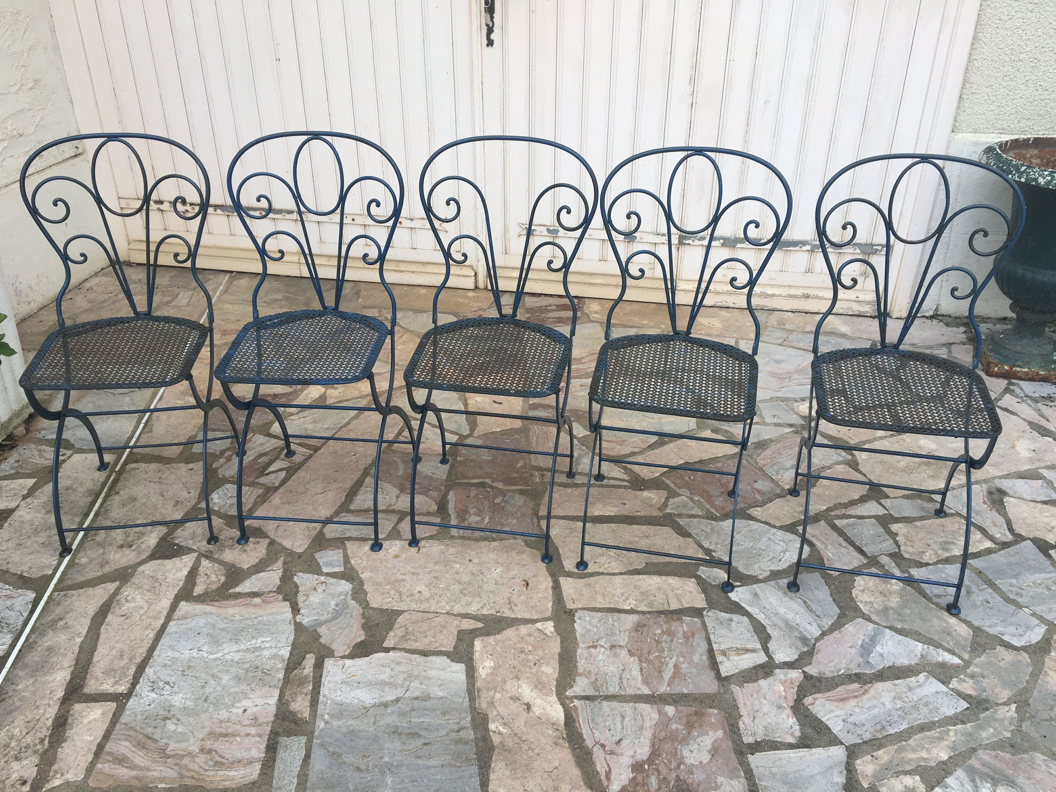 5 foldable garden chairs in wrought iron Epoch 1900