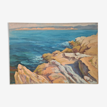 Les Calanques - Rochers à la Madrague (Marseille) - Huile sur toile signée