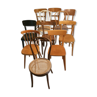 Lot of eleven mismatched bistro chairs