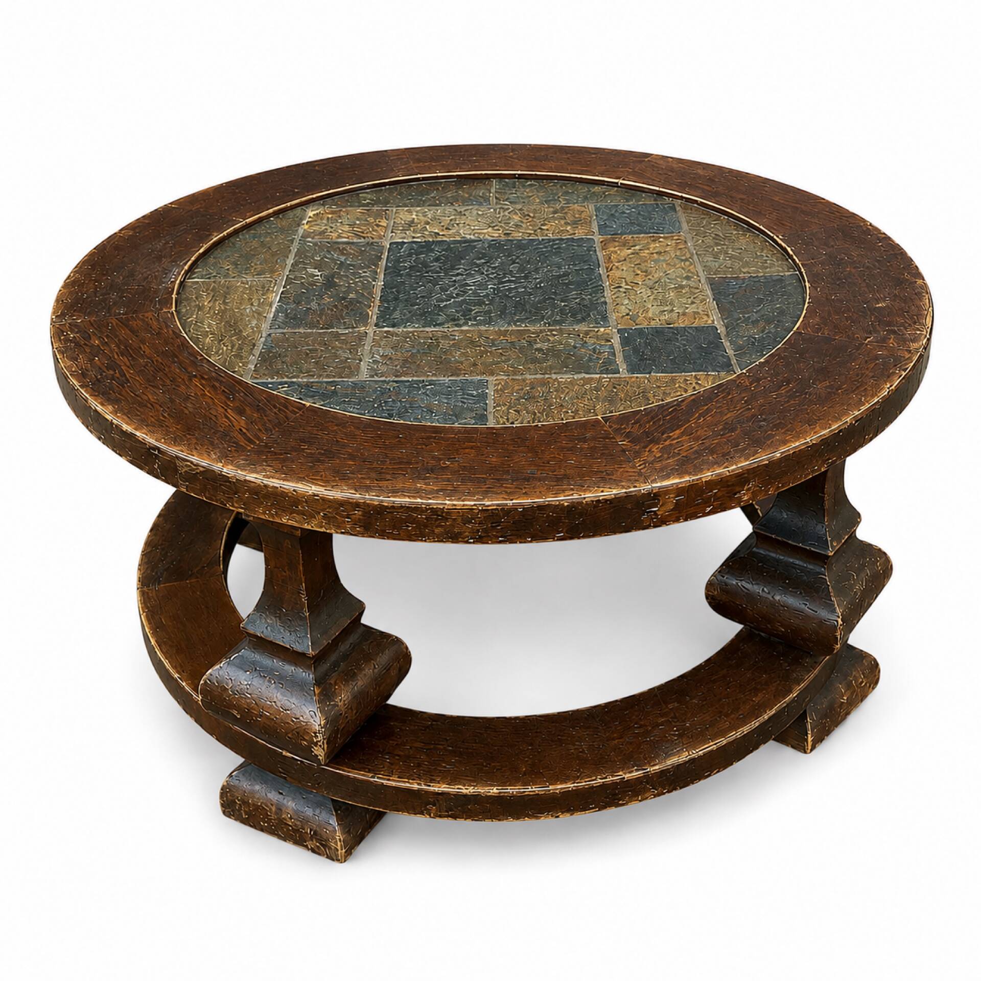 Round coffee table in stone and wood
