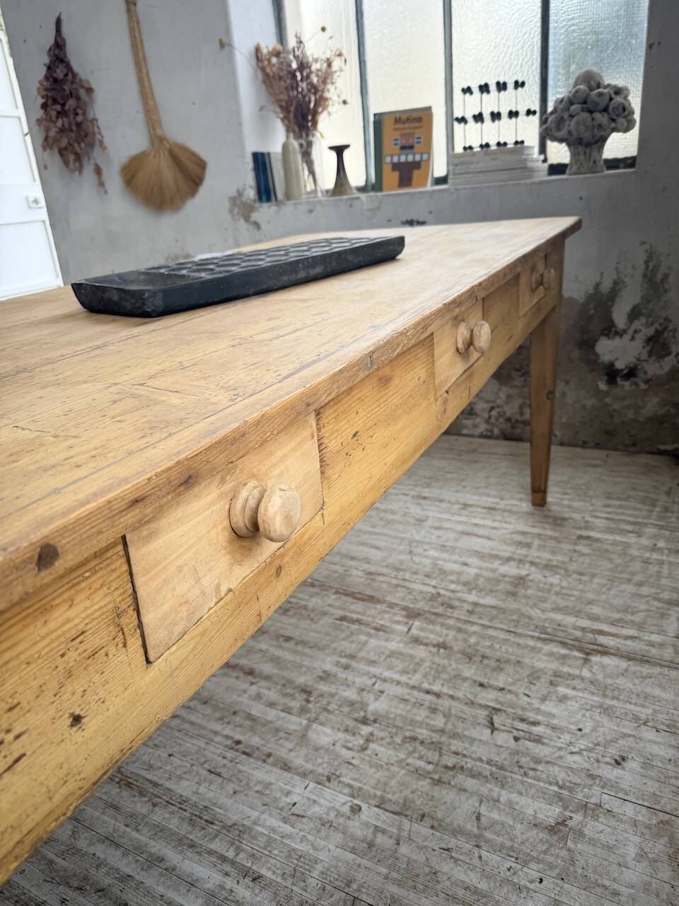 Pine and oak farmhouse table with multiple drawers, communal type, 240cm.