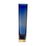 Blue and colorless glass vase with square section