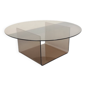 Vintage round coffee table in glass and plexiglass, Space Age style from the 70s.