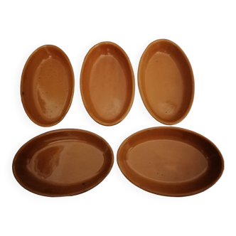 Set of 5 small old enameled terracotta dishes