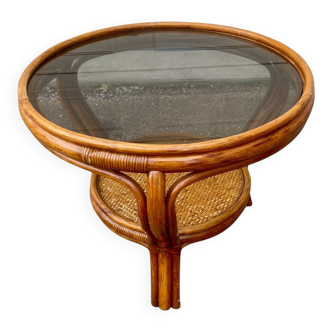 Table basse en rotin osier avec plateau en verre