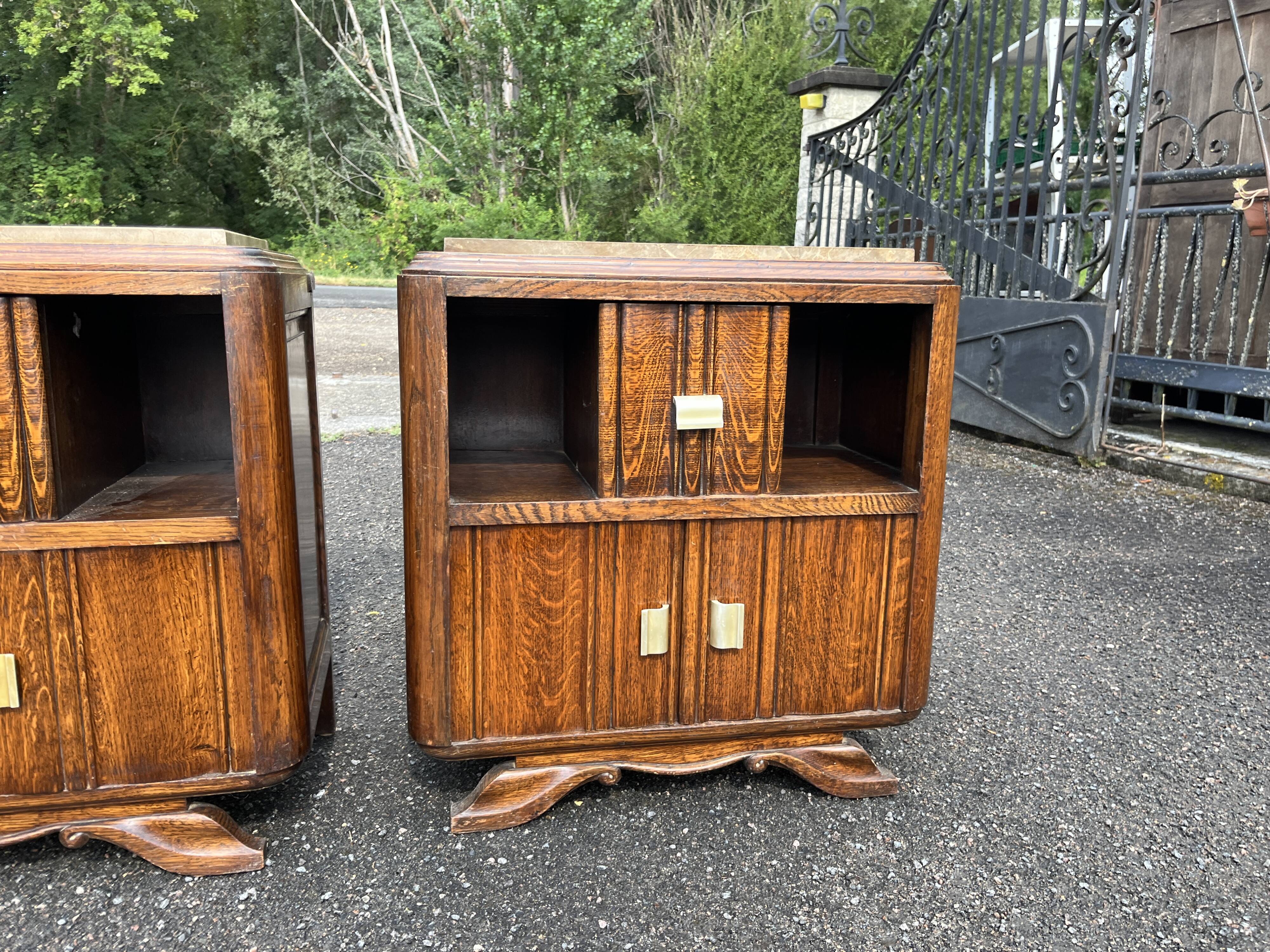 Pair of antique oak bedside tables - Art Deco style with tops