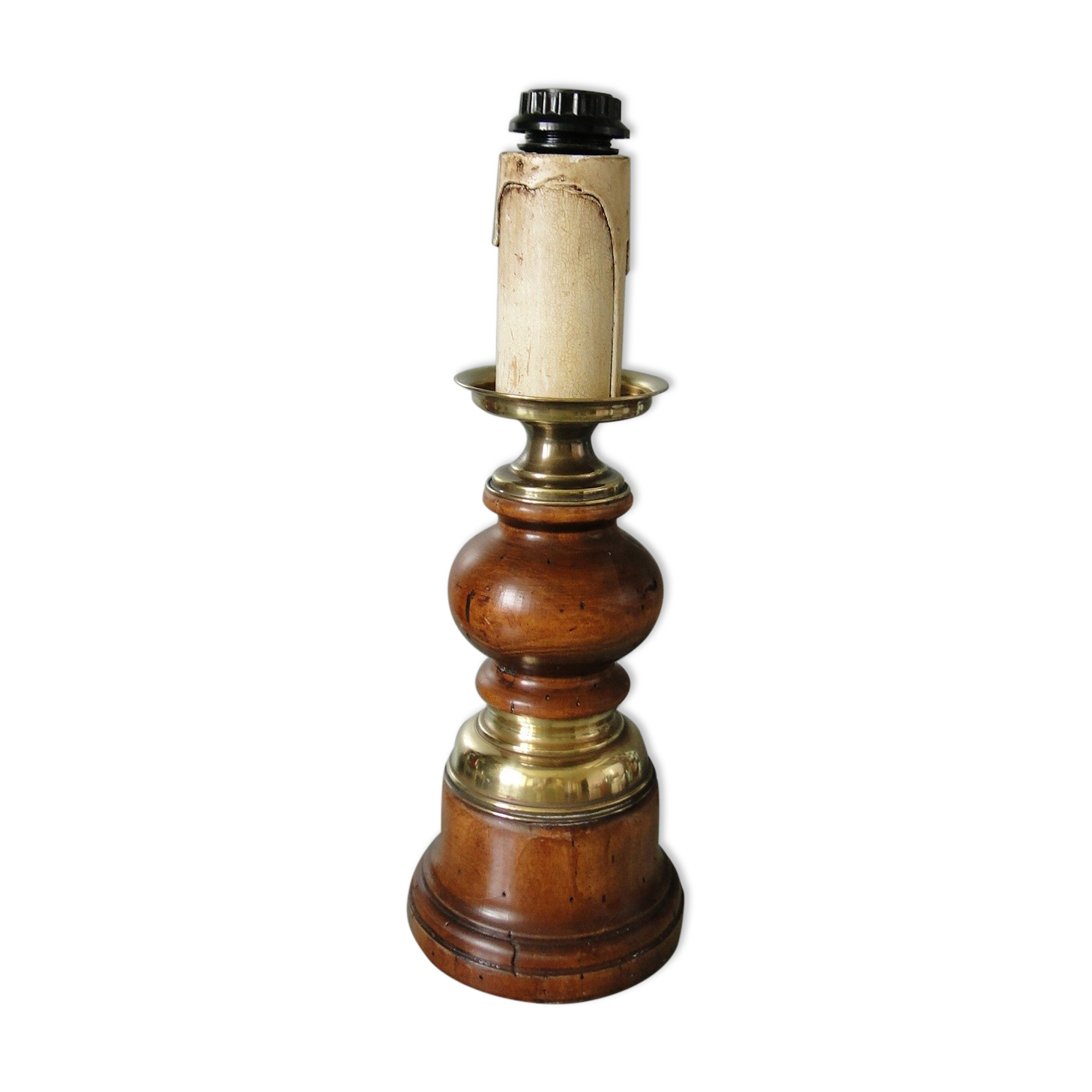 Pied de lampe en bois tourne et laiton années 70/80