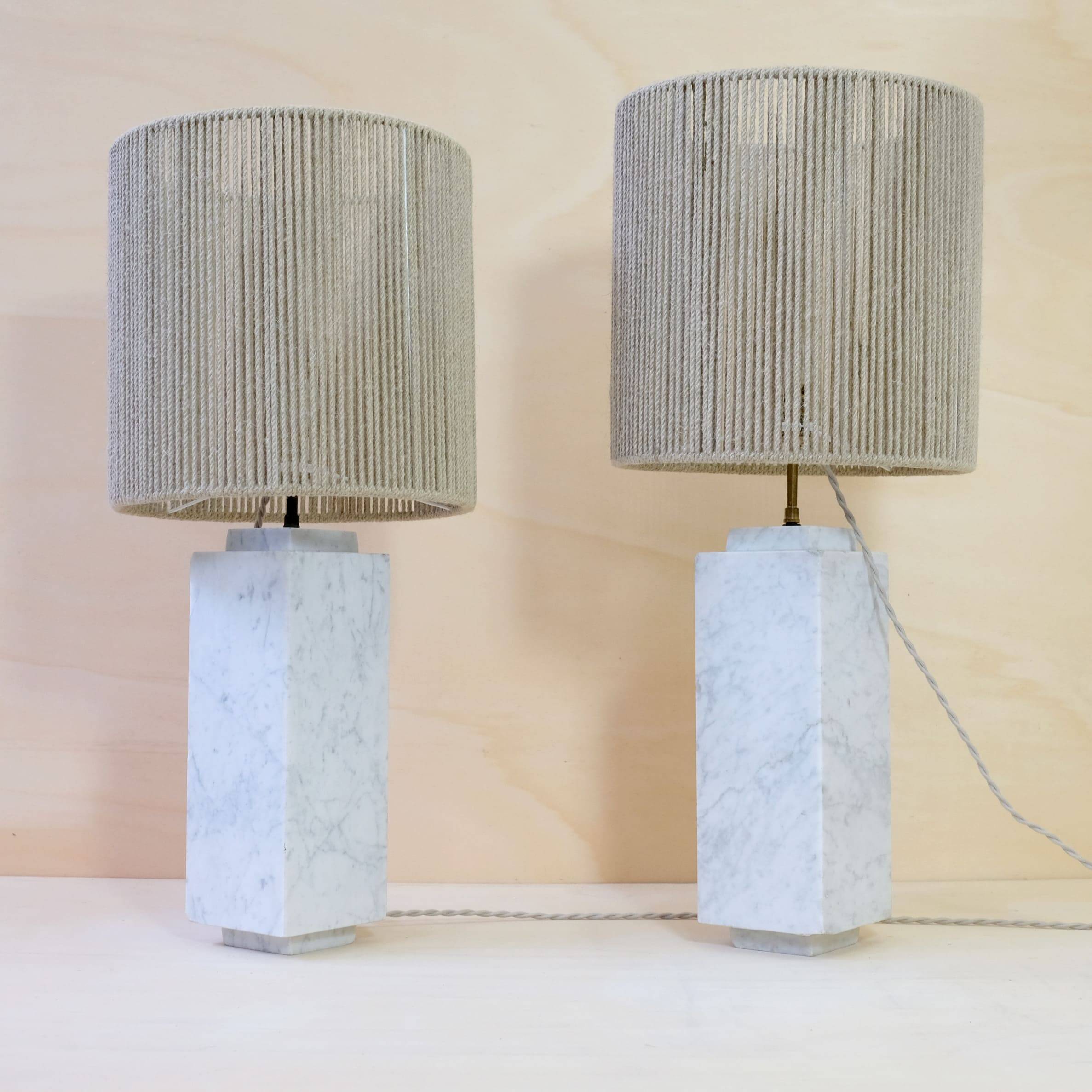 Pair of marble lamps from the 60s and their rope lampshades.
