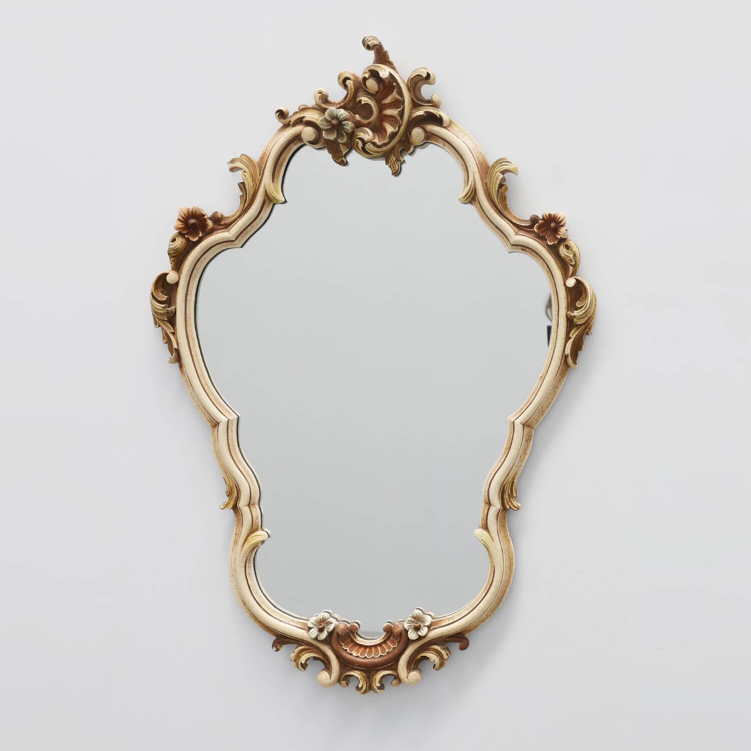 Italian Rococo Style Cream and Gilt Wall Mirror with Shell Crest, 20th Cent