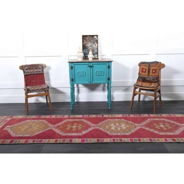 Vintage Turkish Hand-Knotted Wool Cotton Pink Runner Rug 88x342