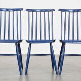 Set of 3 beautiful vintage 1960s blue wooden dining chairs/spindle chairs