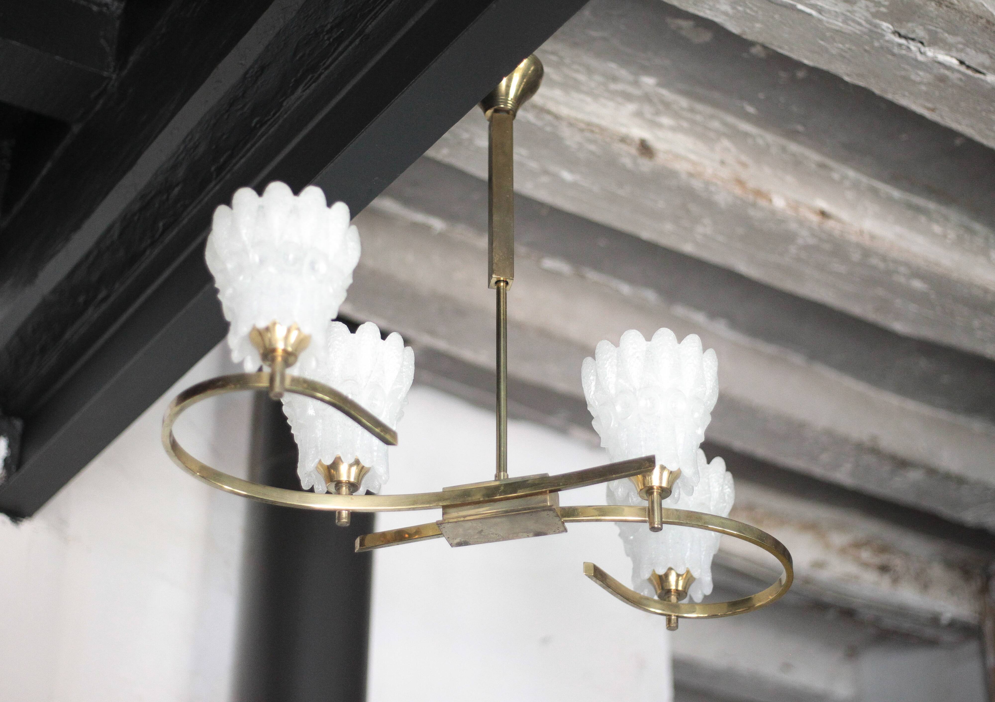 Vintage brass suspension with thick milk glass globe, brass chandelier.