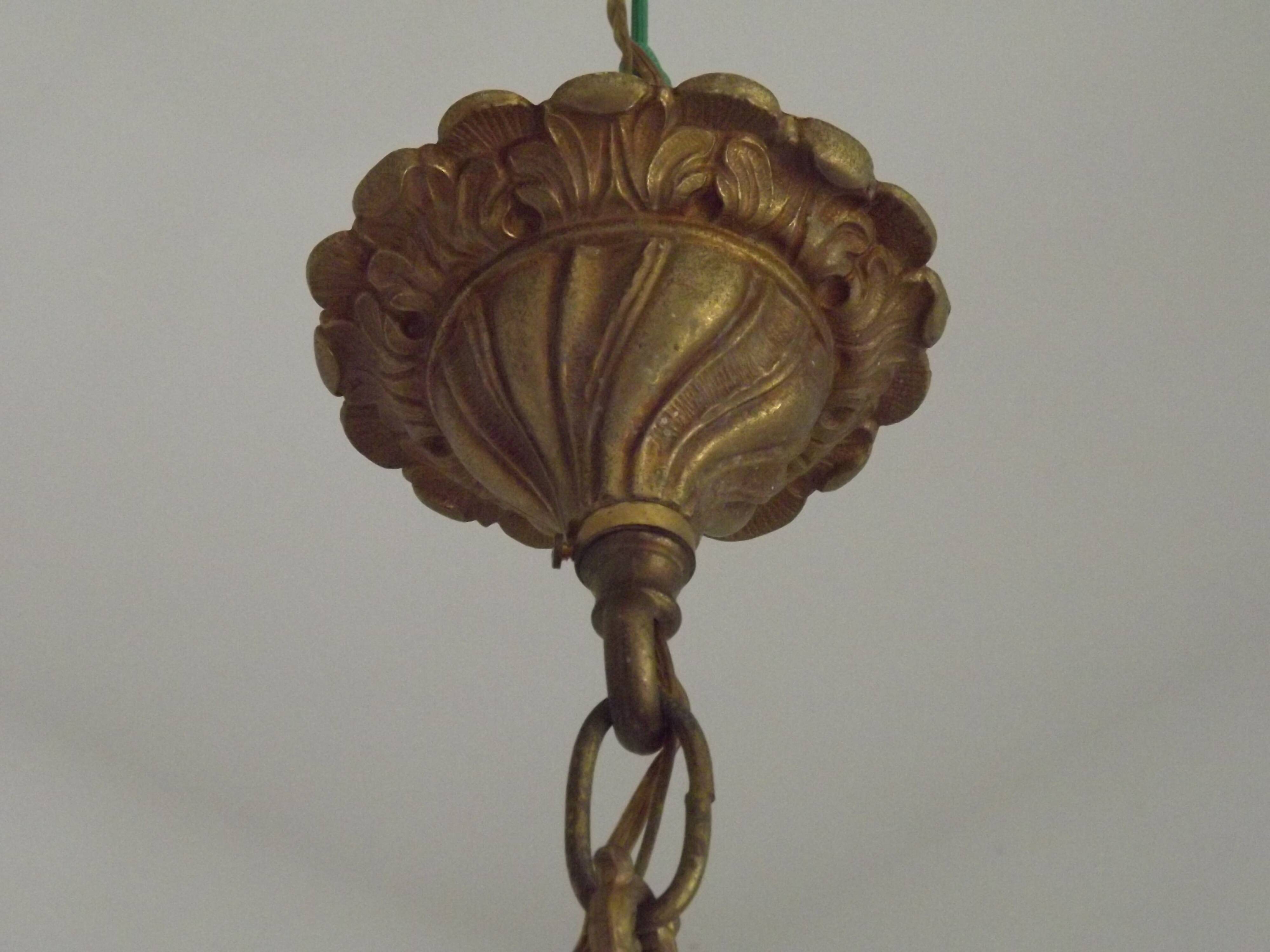 Large French Art Nouveau Acanthus 6 Light Bronze & Crystal Cage Chandelier