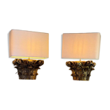 Pair of table lamps, half Corinthian capitals in carved and gilded wood, 18th century