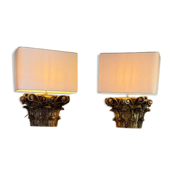 Paire de lampes de table, demi chapiteaux corinthiens en bois sculpté et doré, XVIIIème siècle