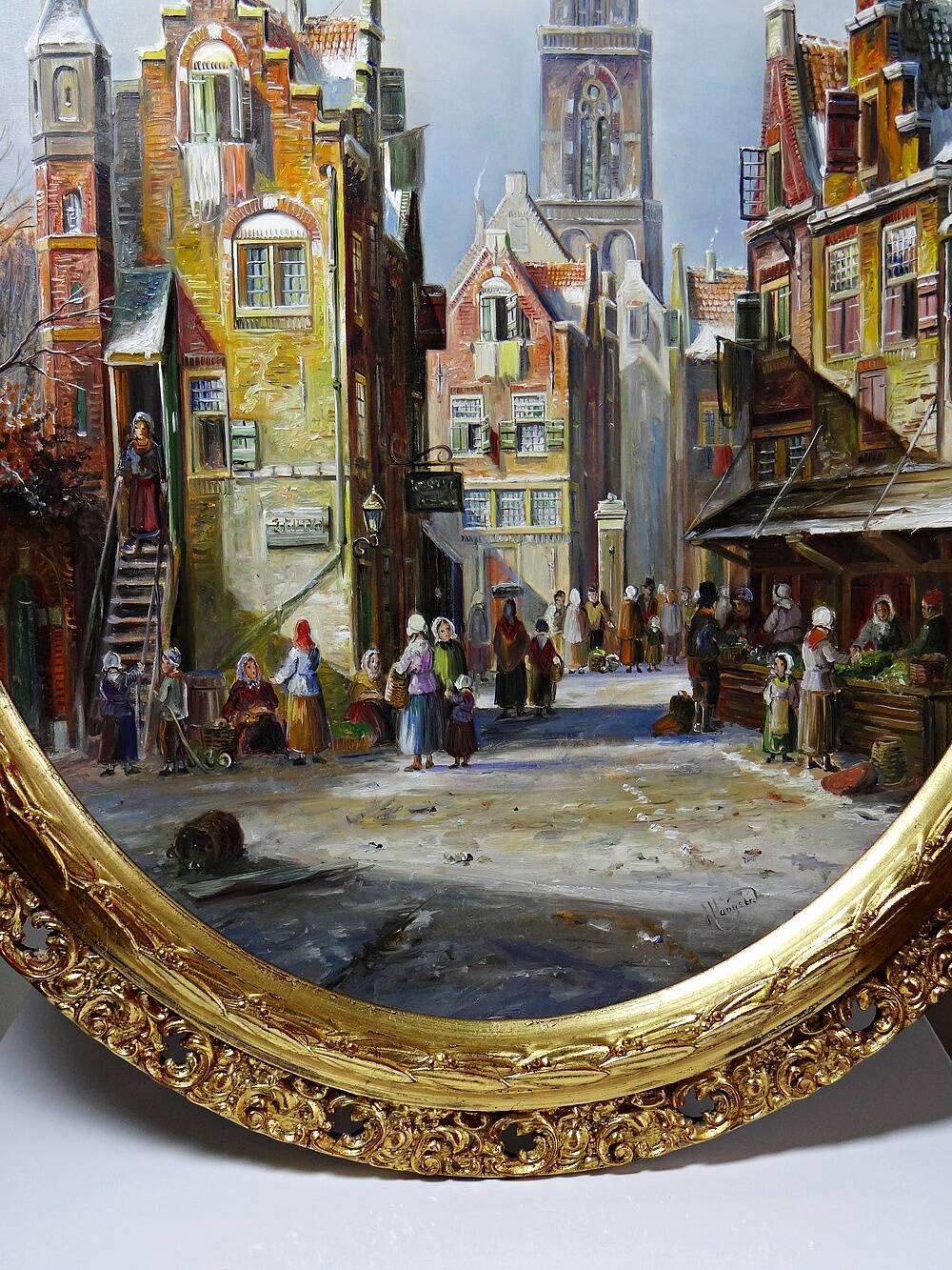 Large urban scene oil on wood framed painting John Haanstra vintage